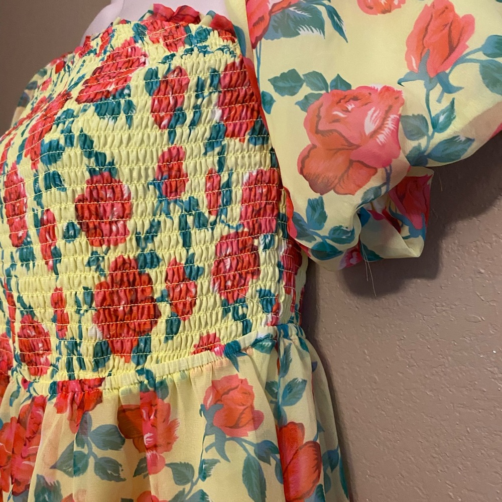 Betsy Johnson Size M Off Shoulder Puffy Sleeve Yellow Floral Lined Dress - Picture 7 of 13